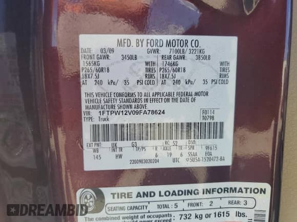 2009 Ford F-150 XL with VIN 1FTPW12V09FA78624, listed as a Copart auction lot 73360464 with 231,119 mi miles and Salvage title. Bid and sale history available at DreamBid. Image 14.