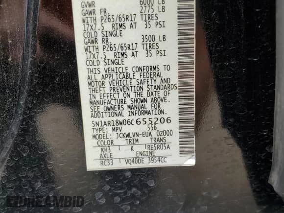 2006 Nissan Pathfinder LE с VIN 5N1AR18W06C655206, выставлен на аукционе Copart как лот 67355575 с пробегом 241 174 миль миль и Чистый • Clean title. История ставок и продаж доступна на DreamBid. Изображение 13.