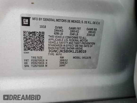 2019 Chevrolet Trax LS с VIN 3GNCJKSB0KL218019, выставлен на аукционе Copart как лот 81754775 с пробегом 99 921 миль миль и Списание • Salvage title. История ставок и продаж доступна на DreamBid. Изображение 13.