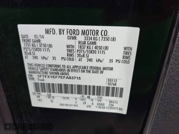 2014 Ford F-150 XL with VIN 1FTFX1EF7EFA83715, listed as a IAAI auction lot 43240332 with 193,742 mi miles and . Bid and sale history available at DreamBid. Image 9.