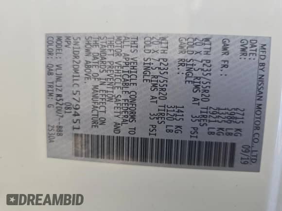 2020 Nissan Pathfinder Platinum с VIN 5N1DR2DM1LC579451, выставлен на аукционе Copart как лот 67220745 с пробегом 131 642 миль миль и Чистый • Clean title. История ставок и продаж доступна на DreamBid. Изображение 10.