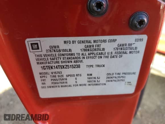 1999 GMC Sierra 1500 SLE с VIN 1GTEK14T9XZ515238, выставлен на аукционе Copart как лот 85156864 с пробегом 163 105 миль миль и Списание • Salvage title. История ставок и продаж доступна на DreamBid. Изображение 12.