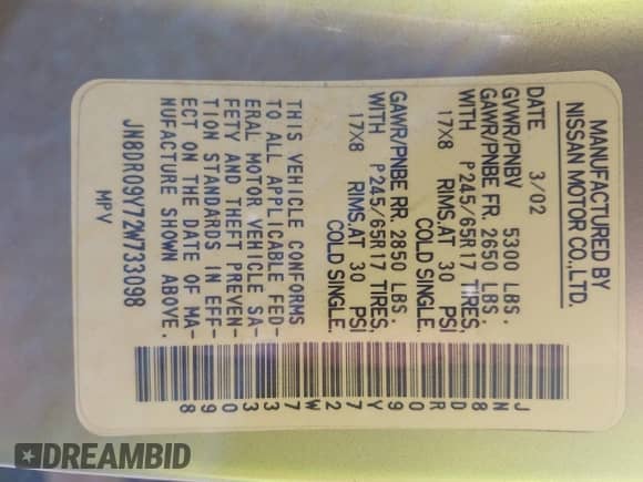 2002 Nissan Pathfinder SE with VIN JN8DR09Y72W733098, listed as a IAAI auction lot 43239221 with 236,085 mi miles and . Bid and sale history available at DreamBid. Image 9.