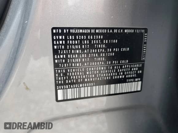 2020 Volkswagen Tiguan SE с VIN 3VV3B7AX0LM086991, выставлен на аукционе Copart как лот 67039875 с пробегом 92 931 миль миль и Списание • Salvage title. История ставок и продаж доступна на DreamBid. Изображение 13.