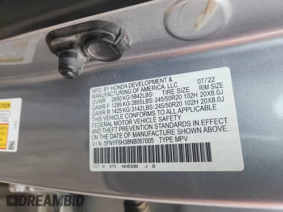 2022 Honda Pilot Sport с VIN 5FNYF6H38NB067005, выставлен на аукционе Copart как лот 60837455 с пробегом 60 828 миль миль и Списание • Salvage title. История ставок и продаж доступна на DreamBid. Изображение 13.