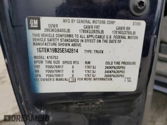 2005 GMC Sierra 1500 SLE z VIN 1GTEK19B25E342814, wystawiony jako Copart lot #63089625 z przebiegiem 183 931 mil mil oraz Nie do naprawy • Non repairable. Historia ofert i sprzedaży dostępna na DreamBid. Obrazek 13.
