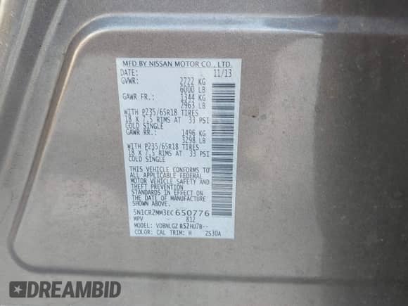 2014 Nissan Pathfinder SV Hybrid with VIN 5N1CR2MM3EC650776, listed as a IAAI auction lot 42843363 with 152,908 mi miles and . Bid and sale history available at DreamBid. Image 9.