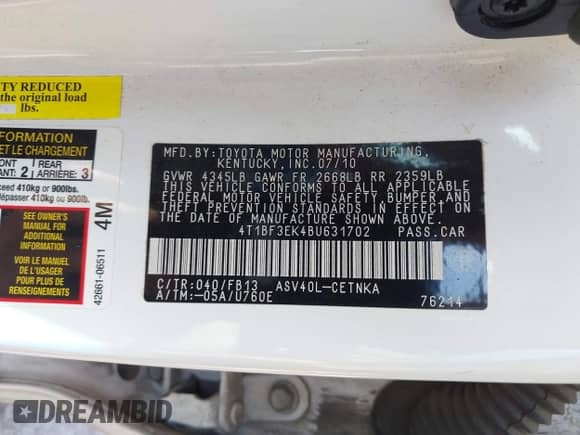 2011 Toyota Camry LE z VIN 4T1BF3EK4BU631702, wystawiony jako IAAI lot #43274140 z przebiegiem 228 236 mil mil oraz . Historia ofert i sprzedaży dostępna na DreamBid. Obrazek 9.