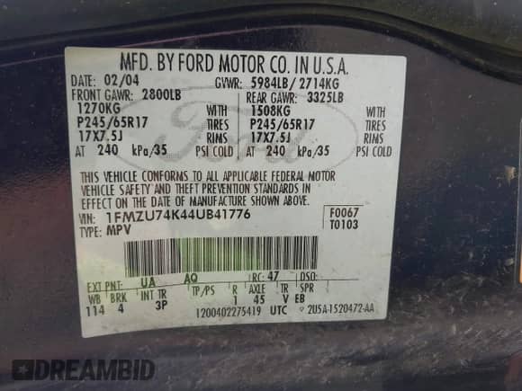 2004 Ford Explorer Eddie Bauer with VIN 1FMZU74K44UB41776, listed as a IAAI auction lot 43352199 with 181,718 mi miles and . Bid and sale history available at DreamBid. Image 9.