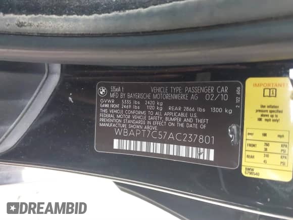 2010 BMW 5 Series 535i xDrive с VIN WBAPT7C57AC237801, выставлен на аукционе IAAI как лот 41495638 с пробегом 180 270 миль миль и . История ставок и продаж доступна на DreamBid. Изображение 9.