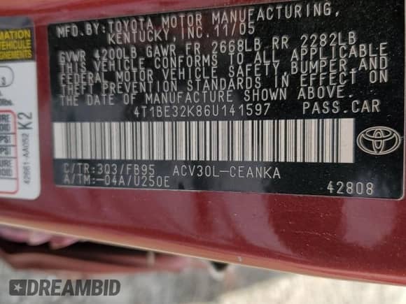 2006 Toyota Camry STD with VIN 4T1BE32K86U141597, listed as a Copart auction lot 87298555 with Not provided miles and Salvage title. Bid and sale history available at DreamBid. Image 13.