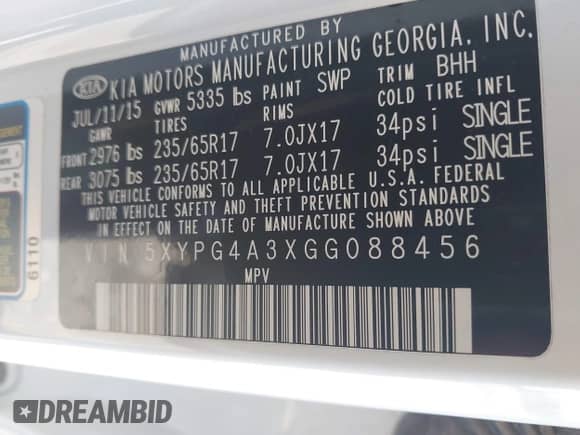 2016 Kia Sorento LX with VIN 5XYPG4A3XGG088456, listed as a IAAI auction lot 42837929 with 97,462 mi miles and . Bid and sale history available at DreamBid. Image 9.