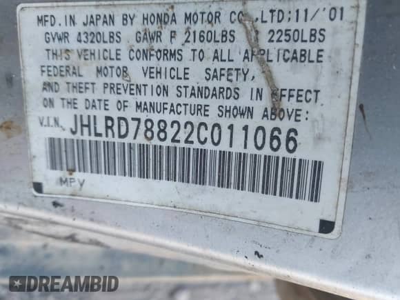2002 Honda CR-V EX with VIN JHLRD78822C011066, listed as a IAAI auction lot 43408652 with 268,163 mi miles and . Bid and sale history available at DreamBid. Image 9.