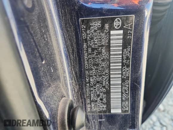 2012 Toyota Prius Three with VIN JTDKN3DU8C1521250, listed as a Copart auction lot 85914035 with 107,249 mi miles and Clean title. Bid and sale history available at DreamBid. Image 12.