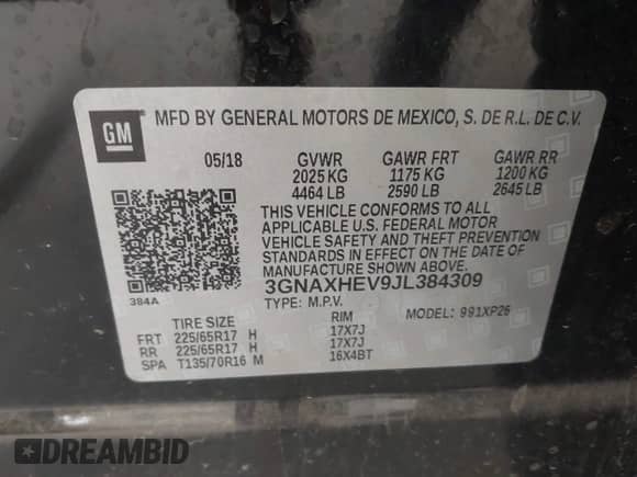 2018 Chevrolet Equinox LS with VIN 3GNAXHEV9JL384309, listed as a IAAI auction lot 43139804 with 192,012 mi miles and . Bid and sale history available at DreamBid. Image 9.