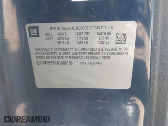 2011 Chevrolet Impala LS Fleet z VIN 2G1WF5EK7B1303163, wystawiony jako IAAI lot #43347431 z przebiegiem 177 905 mil mil oraz . Historia ofert i sprzedaży dostępna na DreamBid. Obrazek 9.