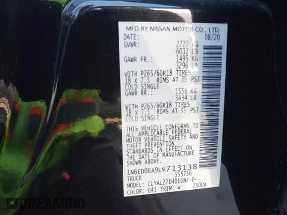 2020 Nissan Frontier SV with VIN 1N6ED0EA9LN713138, listed as a IAAI auction lot 43136449 with 65,136 mi miles and . Bid and sale history available at DreamBid. Image 9.