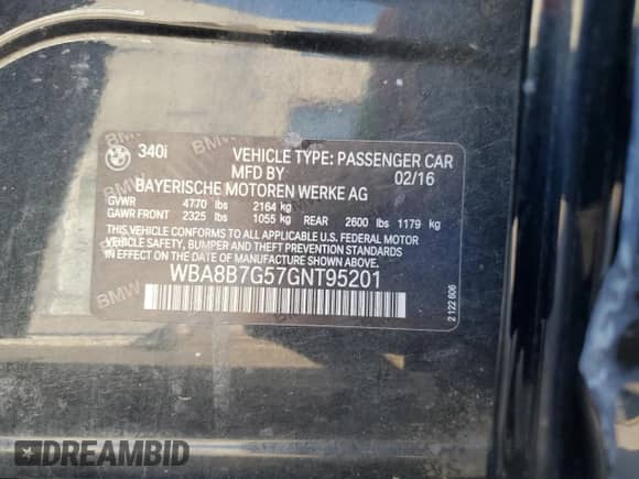 2016 BMW 3 Series 340i xDrive with VIN WBA8B7G57GNT95201, listed as a Copart auction lot 81195535 with Not provided miles and Salvage title. Bid and sale history available at DreamBid. Image 12.