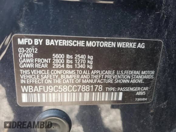 2012 BMW 5 Series 550i xDrive with VIN WBAFU9C58CC788178, listed as a Copart auction lot 42806645 with 95,447 mi miles and Salvage title. Bid and sale history available at DreamBid. Image 12.