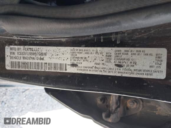 2021 Ram 1500 TRX с VIN 1C6SRFU93MN764676, выставлен на аукционе IAAI как лот 42873685 с пробегом 19 921 миль миль и . История ставок и продаж доступна на DreamBid. Изображение 9.