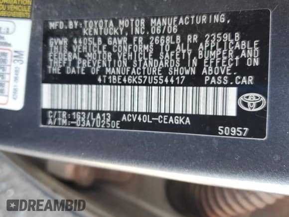 2007 Toyota Camry LE with VIN 4T1BE46K57U554417, listed as a Copart auction lot 84423775 with 218,141 mi miles and Salvage title. Bid and sale history available at DreamBid. Image 12.