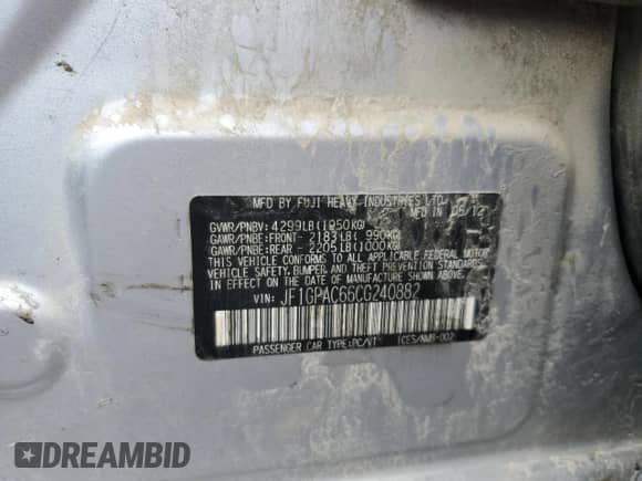 2012 Subaru Impreza Premium z VIN JF1GPAC66CG240882, wystawiony jako Copart lot #69001965 z przebiegiem 160 388 mil mil oraz Czysty tytuł • Clean title. Historia ofert i sprzedaży dostępna na DreamBid. Obrazek 12.