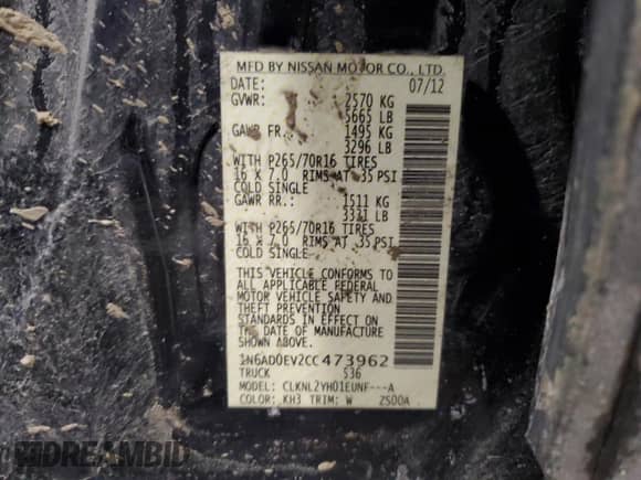 2012 Nissan Frontier SV с VIN 1N6AD0EV2CC473962, выставлен на аукционе Copart как лот 45632945 с пробегом 88 876 миль миль и Чистый • Clean title. История ставок и продаж доступна на DreamBid. Изображение 12.