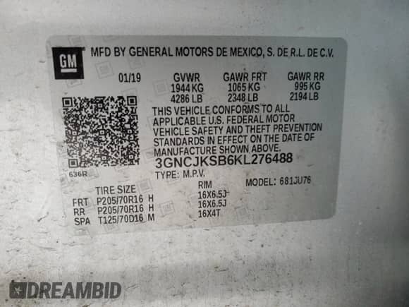 2019 Chevrolet Trax LS с VIN 3GNCJKSB6KL276488, выставлен на аукционе Copart как лот 85817065 с пробегом 52 440 миль миль и Списание • Salvage title. История ставок и продаж доступна на DreamBid. Изображение 12.