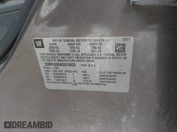 2012 Chevrolet Equinox 1LT with VIN 2GNFLEE58C6216622, listed as a IAAI auction lot 41681840 with 81,292 mi miles and . Bid and sale history available at DreamBid. Image 9.