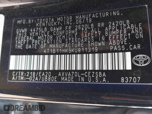 2019 Toyota Camry LE с VIN 4T1B11HK9KU811319, выставлен на аукционе IAAI как лот 43165034 с пробегом 44 890 миль миль и . История ставок и продаж доступна на DreamBid. Изображение 9.