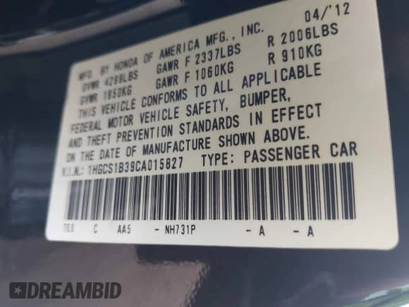 2012 Honda Accord LX-S z VIN 1HGCS1B39CA015827, wystawiony jako IAAI lot #43388583 z przebiegiem 126 790 mil mil oraz . Historia ofert i sprzedaży dostępna na DreamBid. Obrazek 9.