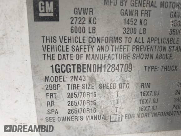 2017 Chevrolet Colorado 4WD WT with VIN 1GCGTBEN0H1284709, listed as a IAAI auction lot 42105799 with 181,837 mi miles and . Bid and sale history available at DreamBid. Image 9.
