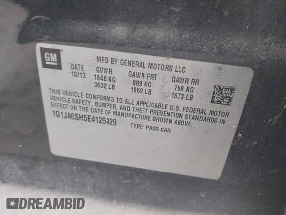 2014 Chevrolet Sonic LS с VIN 1G1JA6SH5E4125429, выставлен на аукционе IAAI как лот 43564428 с пробегом 156 853 миль миль и . История ставок и продаж доступна на DreamBid. Изображение 9.