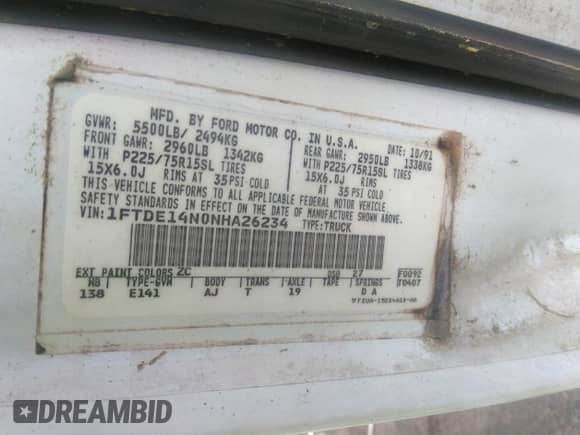 1992 Ford Econoline Cargo с VIN 1FTDE14N0NHA26234, выставлен на аукционе IAAI как лот 42688014 с пробегом 188 678 миль миль и . История ставок и продаж доступна на DreamBid. Изображение 9.