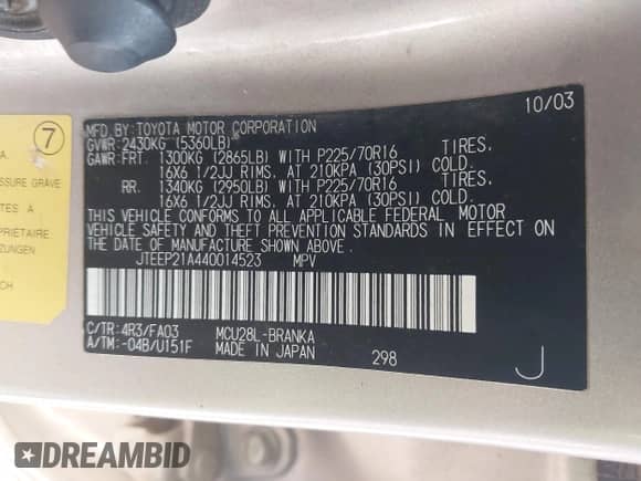 2004 Toyota Highlander with VIN JTEEP21A440014523, listed as a IAAI auction lot 43438387 with 215,105 mi miles and . Bid and sale history available at DreamBid. Image 9.