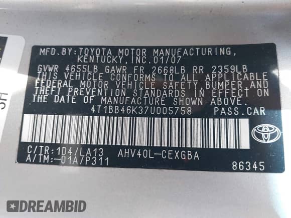 2007 Toyota Camry с VIN 4T1BB46K37U005758, выставлен на аукционе IAAI как лот 43466619 с пробегом 121 382 миль миль и . История ставок и продаж доступна на DreamBid. Изображение 9.