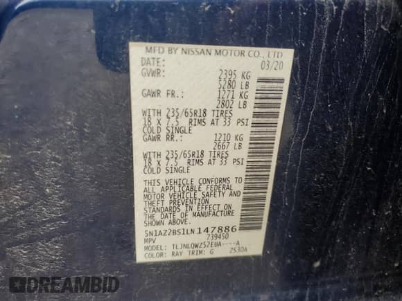 2020 Nissan Murano SV с VIN 5N1AZ2BS1LN147886, выставлен на аукционе Copart как лот 65575875 с пробегом 94 650 миль миль и На запчасти • Non repairable. История ставок и продаж доступна на DreamBid. Изображение 12.