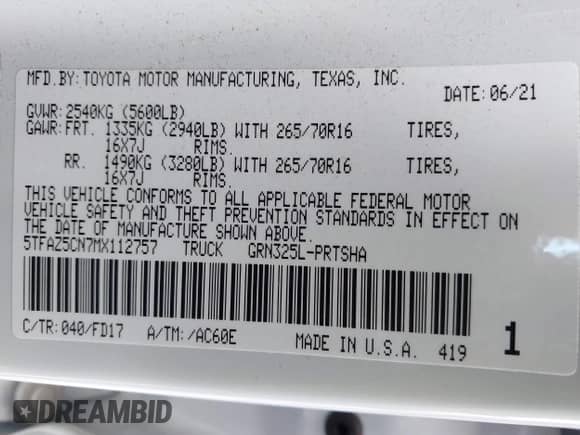 2021 Toyota Tacoma SR5 with VIN 5TFAZ5CN7MX112757, listed as a IAAI auction lot 42222600 with 39,885 mi miles and . Bid and sale history available at DreamBid. Image 9.