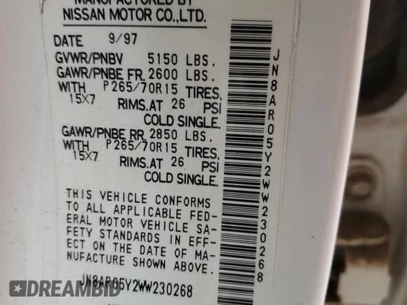1998 Nissan Pathfinder XE with VIN JN8AR05Y2WW230268, listed as a Copart auction lot 70064444 with 231,657 mi miles and Salvage title. Bid and sale history available at DreamBid. Image 15.