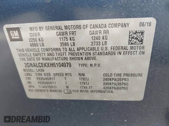 2017 Chevrolet Equinox LT with VIN 2GNALCEKXH6104979, listed as a IAAI auction lot 43397156 with 101,151 mi miles and . Bid and sale history available at DreamBid. Image 9.