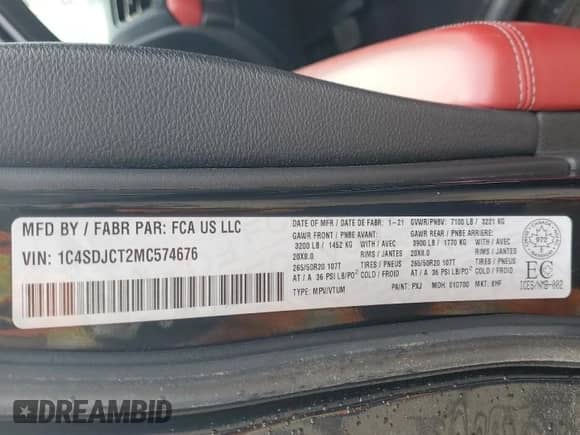 2021 Dodge Durango R/T with VIN 1C4SDJCT2MC574676, listed as a Copart auction lot 70902855 with 85,768 mi miles and Salvage title. Bid and sale history available at DreamBid. Image 14.