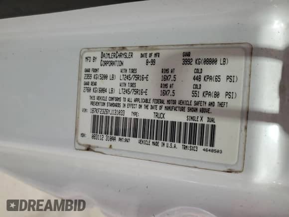 2000 Dodge 2500 with VIN 1B7KF23Z6YJ131033, listed as a Copart auction lot 67267685 with Not provided miles and Salvage title. Bid and sale history available at DreamBid. Image 12.