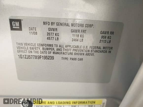 2009 Chevrolet Malibu 2LT z VIN 1G1ZJ577X9F195239, wystawiony jako IAAI lot #42823825 z przebiegiem 159 460 mil mil oraz . Historia ofert i sprzedaży dostępna na DreamBid. Obrazek 9.