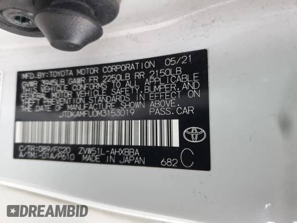 2021 Toyota Prius Limited with VIN JTDKAMFU0M3153019, listed as a Copart auction lot 53568485 with 184,539 mi miles and Salvage title. Bid and sale history available at DreamBid. Image 15.