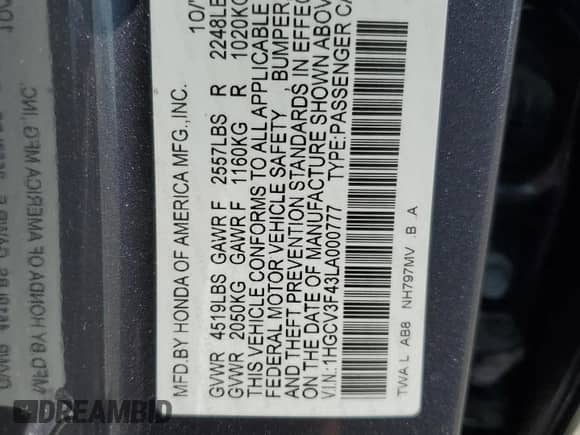 2020 Honda Accord EX with VIN 1HGCV3F43LA000777, listed as a Copart auction lot 71613145 with 107,312 mi miles and Salvage title. Bid and sale history available at DreamBid. Image 12.