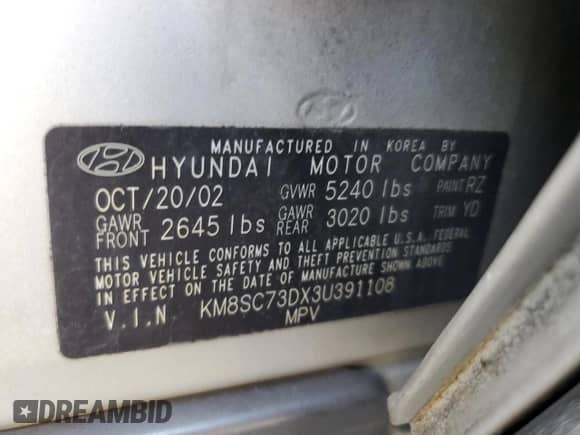 2003 Hyundai Santa Fe GLS с VIN KM8SC73DX3U391108, выставлен на аукционе Copart как лот 60356315 с пробегом 167 577 миль миль и Списание • Salvage title. История ставок и продаж доступна на DreamBid. Изображение 13.