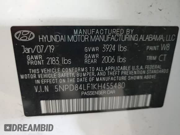 2019 Hyundai Elantra Limited с VIN 5NPD84LF1KH455480, выставлен на аукционе Copart как лот 65740135 с пробегом 26 666 миль миль и Списание • Salvage title. История ставок и продаж доступна на DreamBid. Изображение 12.