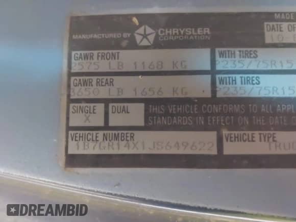 1988 Dodge Dakota with VIN 1B7GR14X1JS649622, listed as a IAAI auction lot 42052513 with 171,724 mi miles and . Bid and sale history available at DreamBid. Image 9.