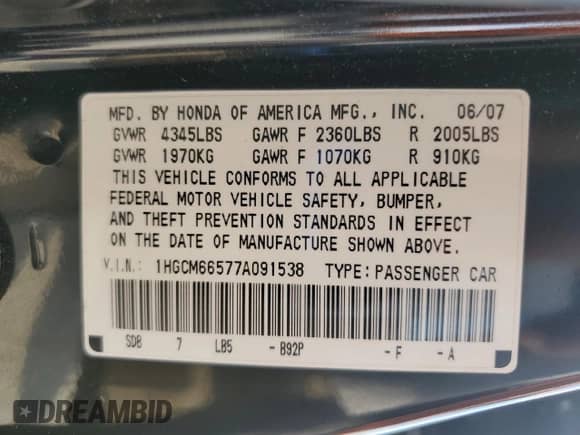2007 Honda Accord EX-L with VIN 1HGCM66577A091538, listed as a Copart auction lot 81707395 with 108,944 mi miles and Salvage title. Bid and sale history available at DreamBid. Image 12.
