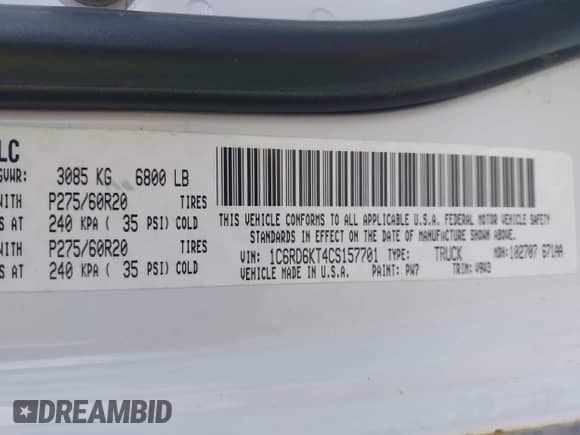 2012 Ram 1500 Express z VIN 1C6RD6KT4CS157701, wystawiony jako IAAI lot #43211967 z przebiegiem 189 672 mil mil oraz . Historia ofert i sprzedaży dostępna na DreamBid. Obrazek 9.